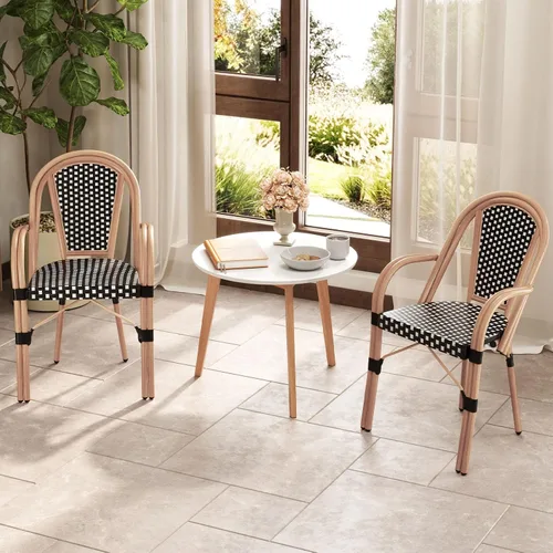 Miniatura 4 de Tangkula Juego de 2 sillas de bistró francesas para exteriores, sillas de mimbre de polietileno tejidas a mano con reposabrazos, sillones de comedor