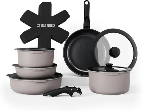 Miniatura 18 de Country Kitchen Juego de utensilios de cocina con mango extraíble, juego de ollas y sartenes aptas para horno y caravana, mango de madera moteada