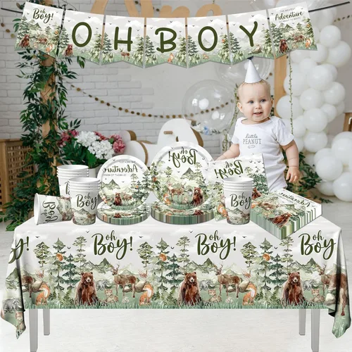 Miniatura 4 de Vajilla con texto en inglés "Let The Adventure Begin", vajilla para baby shower, platos y servilletas de bosque, decoración de tazas, mantel