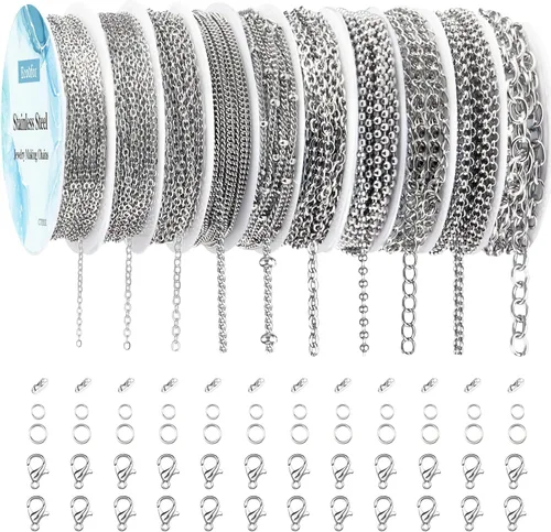 Cadenas de collar para fabricación de joyas, 78.7 pies, 10 rollos de cadenas de joyería de acero inoxidable para hacer collares, pulseras, joyería