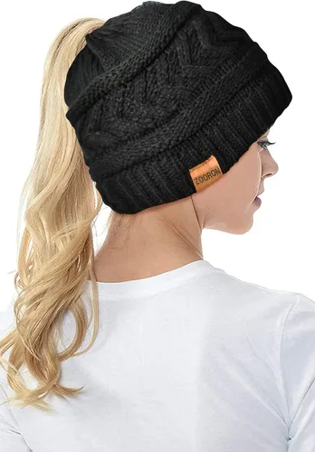 Miniatura 2 de ZOORON Gorro de cola de caballo para mujer, gorro de invierno de punto trenzado, cálido y desordenado