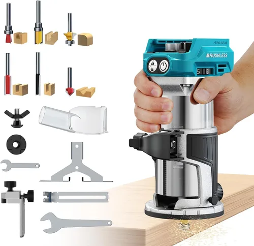 Miniatura 11 de DIYtoolifz Herramienta de enrutador inalámbrico compatible con batería DeWalt de 20 V (solo herramienta), enrutador de madera sin escobillas de 800