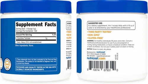Miniatura 6 de Nutricost Tartrato de L-carnitina en polvo (3.53 oz) - 0.04 oz por porción; 100 porciones