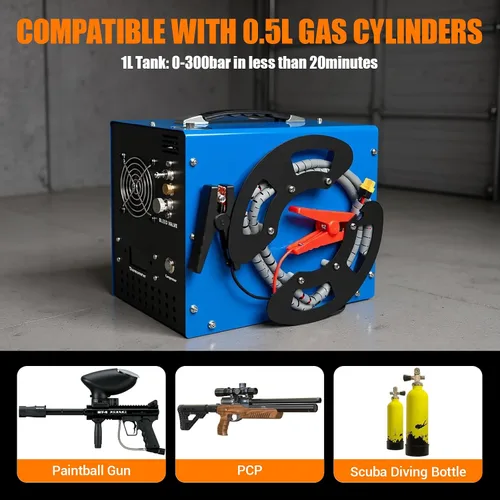 Miniatura 4 de Compresor de aire PCP, 4500Psi/30Mpa, motor de 350 W, diseño portátil único vertical+carrete de alambre, parada automática, sin aceite/agua
