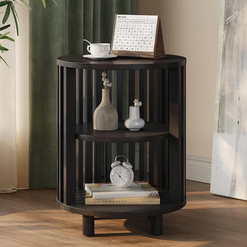 Miniatura 8 de Mesa auxiliar redonda, mesita de noche de madera, mesita de noche moderna de mediados de siglo con estante de almacenamiento abierto, mesas