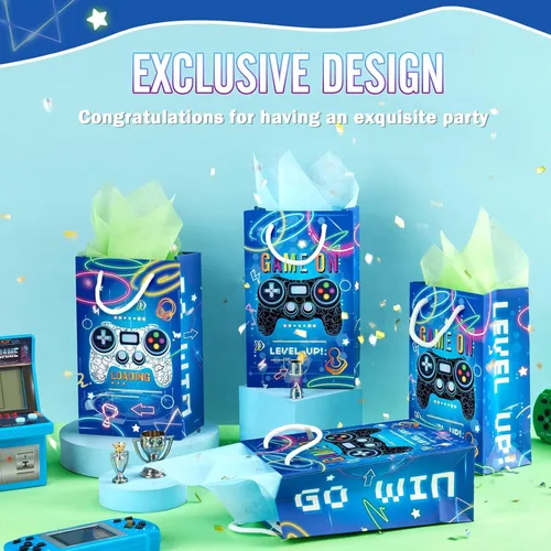 Miniatura 4 de WERNNSAI Bolsas de recuerdo de fiesta de videojuegos – 16 piezas de decoración de cumpleaños de juegos azules, bolsas de regalo, suministros