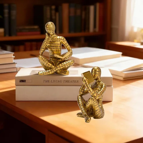 Miniatura 5 de Estatua de Pensador de Lectura Dorado Antiguo, Juego de 2 Decoración de Estantería Arte Abstracto Esculturas de Pensador, Figurilla Estética Moderna