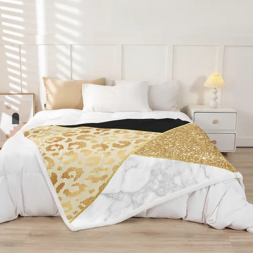 Miniatura 2 de Manfei Manta de mármol con purpurina dorada y estampado de leopardo para sofá, manta de cama de mármol blanco y negro para niños y niñas, manta