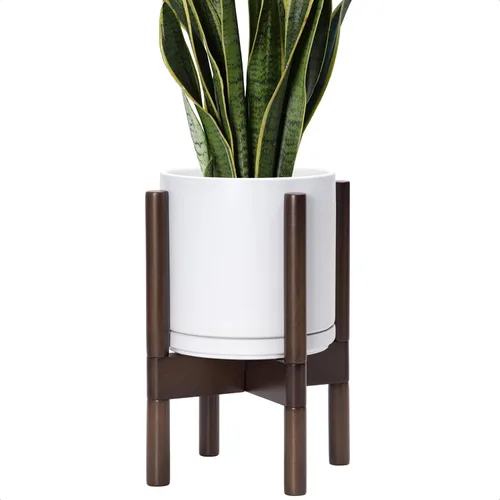 Miniatura 105 de D'vine Dev Maceta de cerámica con soporte de ébano – Maceta redonda moderna de 8 pulgadas con soporte para maceta de madera, color negro, 55-B-M-2