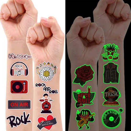 Miniatura 9 de 8 hojas (96 unidades) de tatuajes de rock n roll temporales con temática de rock para decoración de fiesta de cumpleaños, suministros de fiesta