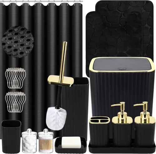 Miniatura 33 de XLHOMO Bathroom Set- 25PC Beige Bathroom Set, Bathroom Set with Shower Curtain and Rugs, Beige Shower Curtain Set, Toilet Brush, Bathroom Trash Can