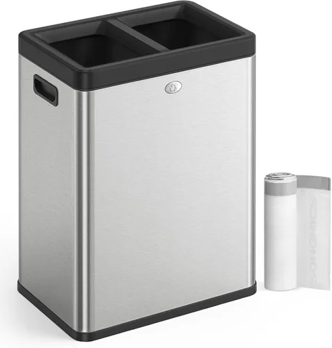 SONGMICS 2 x 6.6 Galones Bote de Basura de Tapa Abierta, Papelera de Basura de Doble Compartimento para Residuos y Reciclaje, Acero Inoxidable,