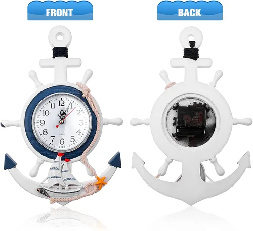 Miniatura 3 de BESPORTBLE Reloj náutico de anclaje de pared con temática de playa, reloj de barco costero, decoración de pared estilo mediterráneo, adorno