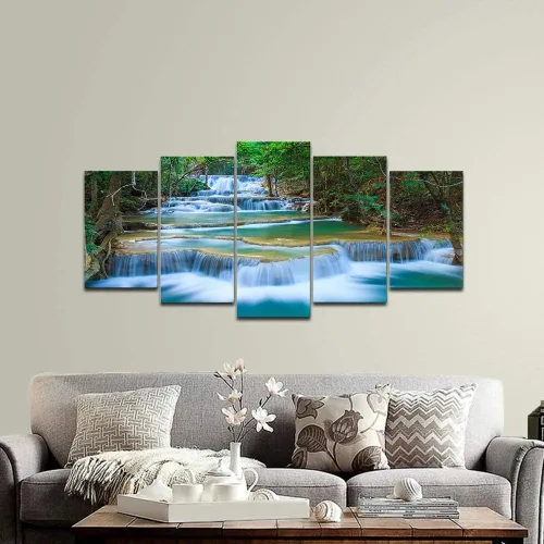 Miniatura 8 de Wieco Art Lienzo de cascada pacífica para pared, cuadros de árboles verdes para sala de estar, dormitorio, decoración del hogar, 5 piezas, estirado