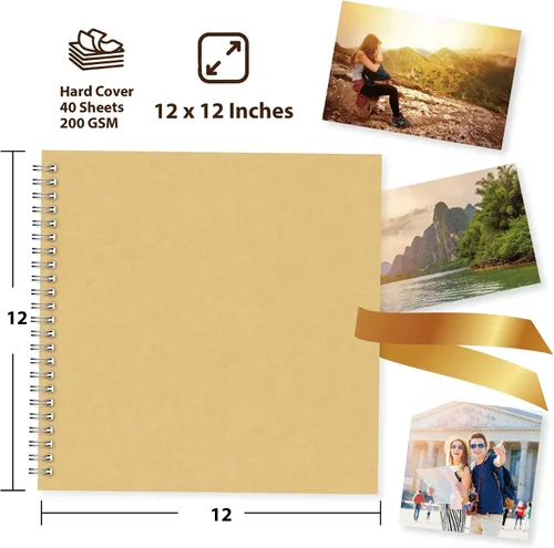 Miniatura 3 de Álbum de recortes Kraft, álbum de fotos de tapa dura de 12 x 12 pulgadas, diseño cuadrado encuadernado en espiral, perfecto para libro de invitados