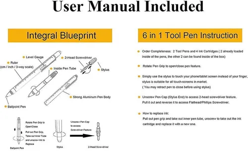 Miniatura 8 de DUNBONG Bolígrafo de metal multiherramienta 6 en 1, con destornillador, tinta negra, lápiz capacitivo, nivel y regla, 1 unidad (negro)
