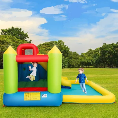 Miniatura 9 de OLAKIDS Tobogán acuático inflable, 4 en 1 casa de rebote para niños, parque acuático con área de salto de tobogán, pared de escalada, carrera
