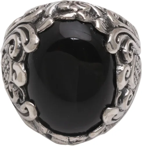 Miniatura 5 de NOVICA Anillo de cóctel floral de plata de ley 925 de ónix negro