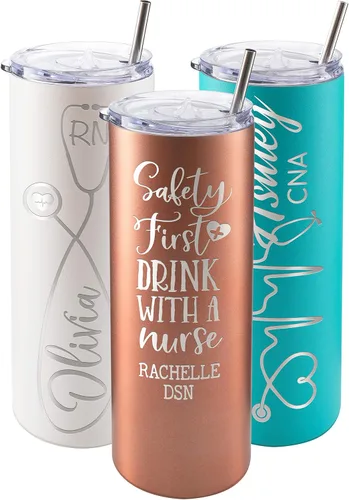 Miniatura 11 de Regalos de enfermera para mujeres, vaso personalizado para enfermera con nombre y especialidad, 20 onzas flacas, blanco, 8 diseños, con cepillo
