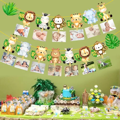 Miniatura 8 de Safair - Cartel de fotos de 1er cumpleaños de animales de safari en la selva, suministros para fiestas