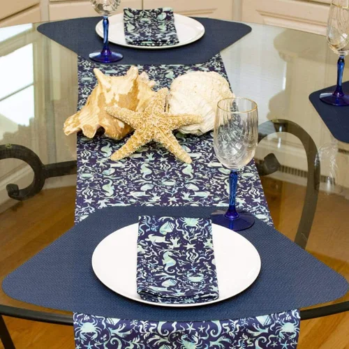 Miniatura 4 de Servilletas de tela con estampado de caballito de mar y conchas de mar azul y verde, juego de cuatro