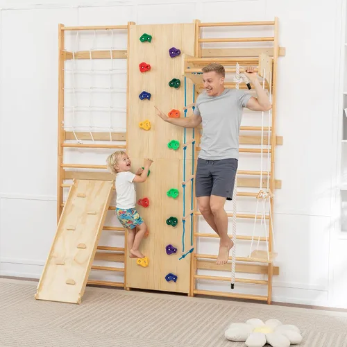 Miniatura 7 de escalera sueca 10 en 1 para interiores, gimnasio de la selva para niños de 3 a 12 años, 227 KG, juego de escalada de madera montado en la pared