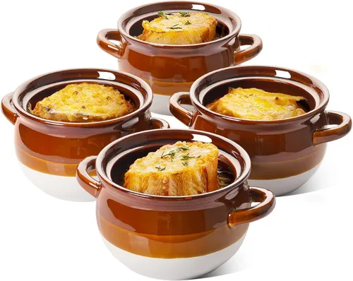 LE TAUCI Cuencos de sopa de cebolla francesa con mangos, 22 onzas de cerámica, cuencos de sopa de cebolla francesa aptos para horno, juego de 4 para