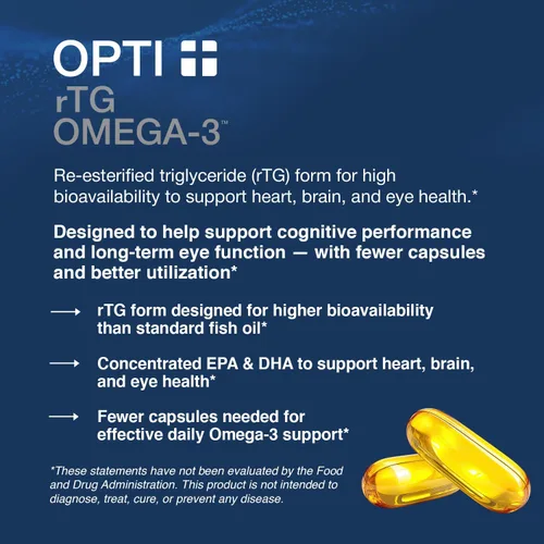 Miniatura 2 de Opti + Omega 3 Aceite de pescado EPA DHA, apoyo para las articulaciones del cerebro del corazón* Formulado por médicos Uso diario Omega 3 DHA