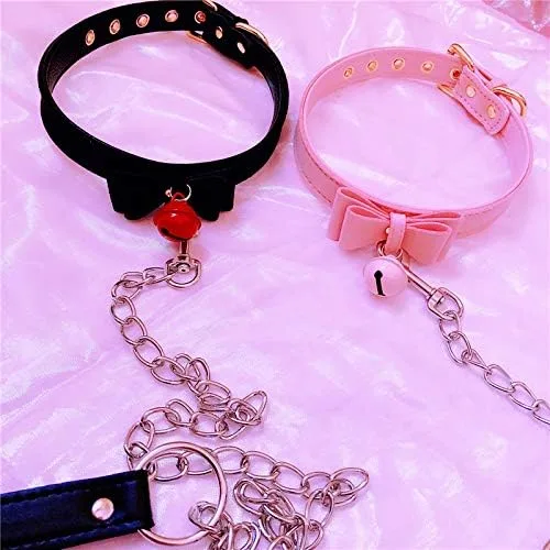 Miniatura 4 de LEWECEEO Gargantilla de collar para mujer con campana, lindo lazo y gato, collar de gatito, Cuero, no conocido