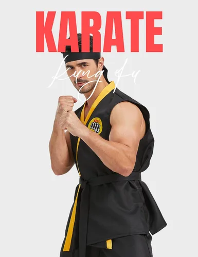Miniatura 5 de Disfraz de karate para hombre, de lujo, talla grande, conjunto de uniforme de karate Gi de Halloween, con diadema de cinturón negro, unisex