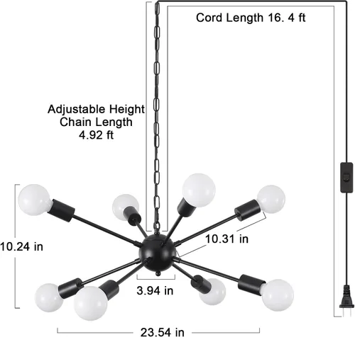 Miniatura 3 de Candelabro enchufable para comedor, lámpara de araña negra enchufable, luz Sputnik con cable de 16.4 pies, 8 luces colgantes Sputnik para sala
