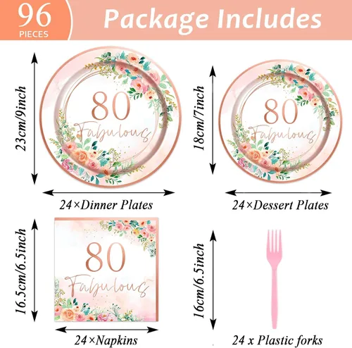 Miniatura 2 de OBUSATT 96 piezas florales de 80 fabulosos suministros de fiesta de cumpleaños número 80 platos de papel, servilletas, decoraciones de fiesta de oro