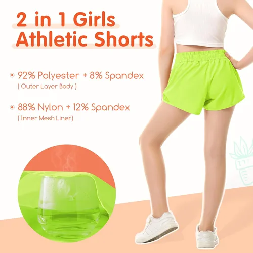 Miniatura 2 de Pantalones cortos deportivos para niñas, de secado rápido, con bolsillo con cremallera, para adolescentes y niños, pantalones cortos deportivos