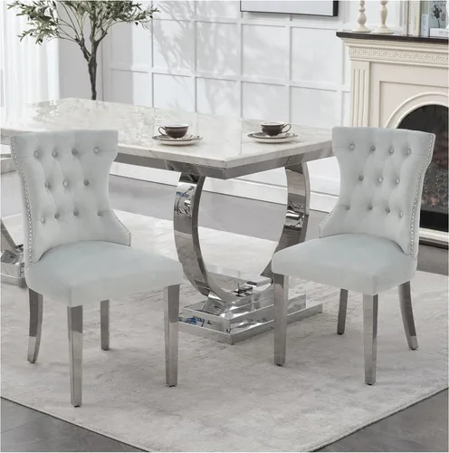 Miniatura 48 de adochr Juego de 2 sillas de comedor de terciopelo, sillas de cocina tapizadas con patas de metal, respaldo abotonado moderno con anillo de tracción