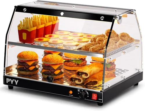 PYY Calentador de alimentos comercial, calentador de alimentos eléctrico de 2 niveles con temperatura de iluminación LED y estantes ajustables,