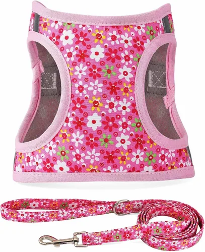 Miniatura 8 de Arnés para perro con correa, arnés reflectante para todo clima, sin tirones, con patrón floral, acolchado, malla para gatos, cachorros, perros
