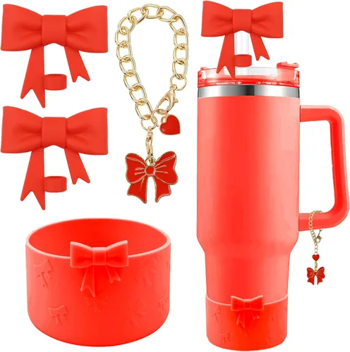 Miniatura 12 de Conjunto de accesorios para taza Hpebl para Stanley, incluye 2 tapas de pajita con moño lindo de 10 mm, tapones reutilizables para pajita, 1 funda