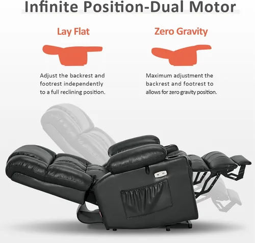 Miniatura 5 de MCombo Silla reclinable eléctrica de motor dual para adultos mayores, silla de elevación plana con calor y masaje, portavasos, puertos USB, piel
