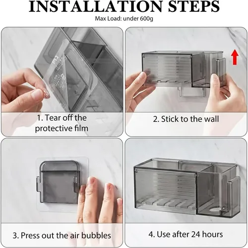 Miniatura 7 de Linkidea - Soporte de pared para cepillos de dientes con 5 ranuras con cubierta para baño, organizador de almacenamiento de plástico para pasta