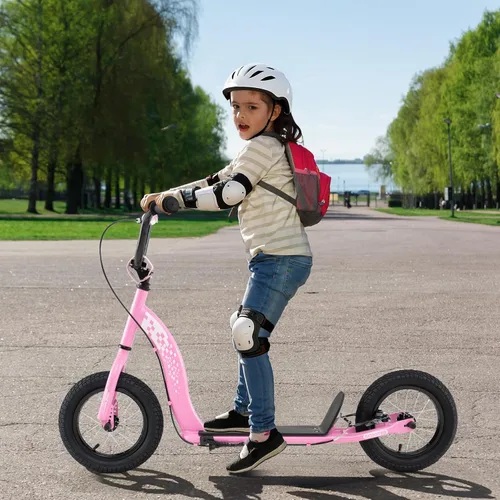 Miniatura 7 de GYMAX Patinete, Patinete de Empuje para Adultos, Adolescentes, Niños con Manubrio Ajustable, Ruedas Inflables de 12 Pulgadas, Freno de Pinza Rosa