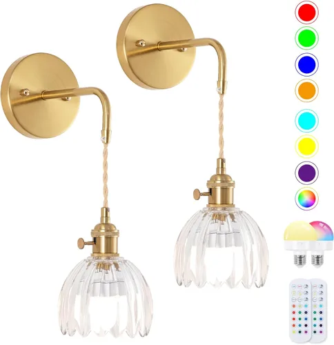 Miniatura 12 de Aplique de Pared Operado por Batería, Apliques de Pared para Interiores no Cableados Apliques de Pared con Pantalla de Vidrio Verde Profundo con RGB