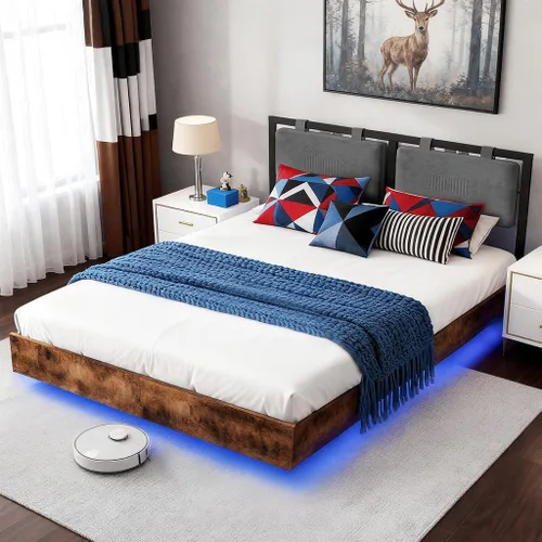 LUCKLIFE Base de cama flotante tamaño Queen, con cabecero ajustable y luces LED inteligentes, marco de cama tapizado con luces RGB, cama de metal