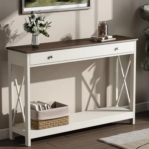 Miniatura 9 de Mesa de consola Treocho Espresso con cajón y estantes de almacenamiento, mesa de sofá estrecha para entrada, sala de estar, pasillo