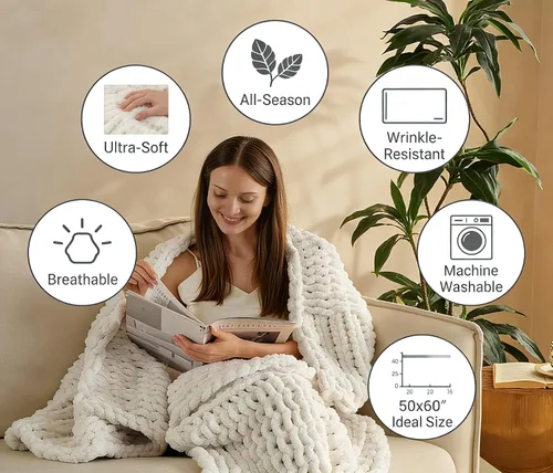 Miniatura 2 de Manta de punto grueso de 50 x 60 pulgadas, hecha a mano, acogedora y ligera para todas las estaciones, poliéster resistente a las arrugas, para Beige