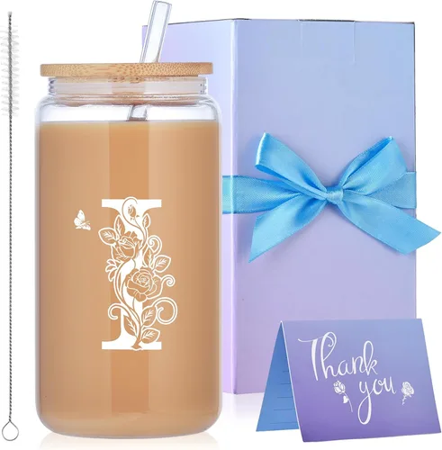 Miniatura 13 de Vasos de vidrio con iniciales con tapas y pajitas, regalos con monograma para mujeres, vaso de vidrio de cerveza de 16 onzas, taza de café helado