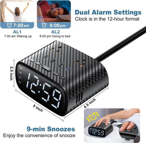 Miniatura 4 de Sussex Reloj despertador con 2 USB-C, 2 cargadores USB-A, 2 tomas de corriente, 2 tomacorrientes, pantalla LED, reloj digital regulable con función