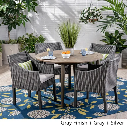Miniatura 2 de Christopher Knight Home Shipp Outdoor - Juego de comedor de 5 piezas de madera y mimbre, acabado gris/plateado