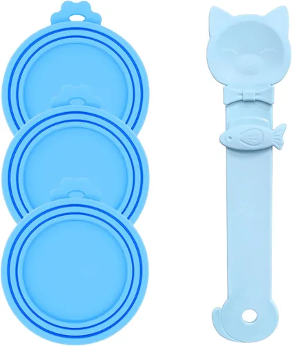 Miniatura 17 de Cuchara para Latas de Comida para Mascotas y 3 Tapas para Latas Espátula Abridor con Forma de Pata Linda Cuchara para Comida Húmeda de Gato Gris