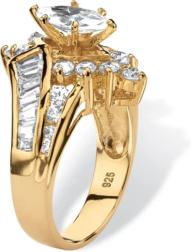 Miniatura 2 de Anillo de compromiso chapado en oro amarillo de plata de ley o chapado en platino y circonita cúbica baguette Bypass