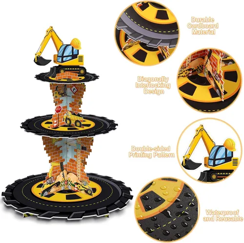 Miniatura 3 de Tiamon Decoraciones de cumpleaños de construcción de 3 niveles con tema de construcción, soporte para cupcakes, camión volquete de cartón, soporte
